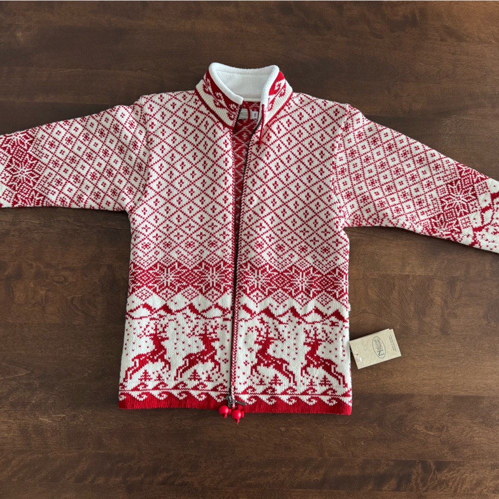 Festive Red and White Kids 100% Wool Sweater